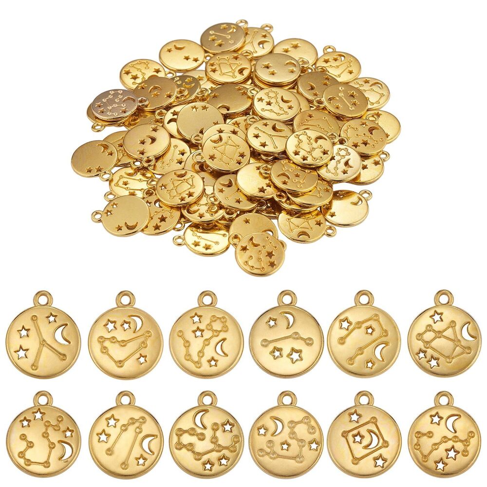 1772 84Pcs 12 Zodiac Constellation Charms Flat Round Alloy Gold Charms